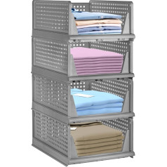 Stackable Wardrobe Storage Box Plastic Collapsible Organizer Drawer Easy Pull Out Drawer for Cupboard, Shelves, Cupboard, Pantry, Laundry and Office