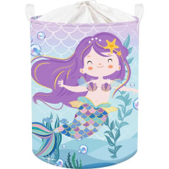 Clastyle 45L Cute Purple Mermaid Girls Laundry Basket Round Blue Ocean Toy Clothes Storage Basket for Children's Room 36 x 45 cm