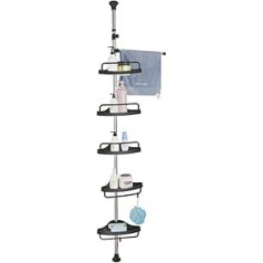 BAOYOUNI Telescopic Shower Shelf, No Drilling, Bathroom Corner Shelf Made of Metal, Shower Shelf with 5 Shelves and 1 Towel Rail, Height Adjustable 185-240 cm or 255-310 cm, Black