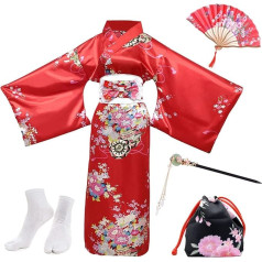 PLULON Japanese Geisha Yukata Dress Floral Satin Bathrobe Drawstring Hand Fan Hairpin Tabi Socks Set for Women