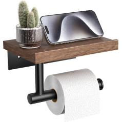 Tindbea Toilet Paper Holder with Wooden Shelf, Wooden Wall Holder for Toilet Paper Rolls, Bathroom Accessories Made of Matte Black Stainless Steel (Walnut, SUS304 Stainless Steel, Matte Black)