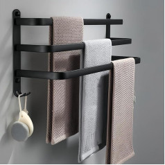 yozhch Schwarzer Handtuchhalter mit Haken, 3-stöckiger Handtuchhalter, Wandmontage, Badezimmer-Handtuchhalter, nagelfreie Klebstoffe/Bohrinstallation, Aluminium