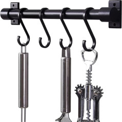 30 cm Hook Rail for Kitchen Bathroom No Drilling Self-Adhesive Kitchen Rail Hanging Rail Aluminium Kitchen Utensils with 5 Movable Coat Hooks Black
