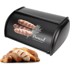 Natudeco Bread Bin Bread Box Bread Holder Storage Container Large Capacity Stainless Steel Bread Bin Kitchen Organiser Kitchen Decoration with Roll Lid for Bread Storage 34 x 23 x 14.5 cm (Black)