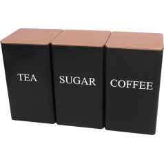 Tea Coffee Sugar Storage Jars 1000ml Set of 3 Black Metal Food Containers Set with Gold Metal Tray Dry Food Storage