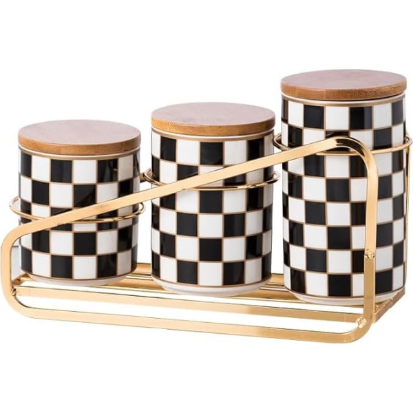 Kitchen Countertop, Ceramic Lattice Pattern, Airtight Glass Set - A Set of 3 Kitchen Jars with Layered Shelves, Sealed Flour and Sugar Containers, Coffee and Tea Storage (Black)