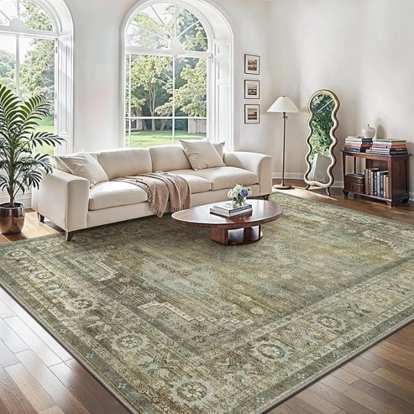 GENIMO Living Room Rug, 160 x 230 cm, Green Rug, Bedroom, Washable Short Pile Boho Carpet, Durable and Easy Care, Oriental Ethnic Pattern, Balcony Conservatory Carpet