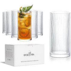 INSETLAN 370 ml ribbed long drink glasses, set of 6 water glasses, drinking glasses, ideal for whisky, beer, juices, iced coffee and cocktails, dishwasher safe, high-quality drinking glasses and