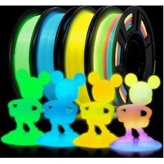 EONO 250 g x 4 Luminous PLA Filament 1.75 mm Set, 3D Printer Luminous Filament Set for 3D Printer, Glow in the Dark Filament, 250 g x 4 Set, Green + Blue + Yellow + Rainbow