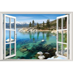 3D Fake Window Wall Sticker of Lake View Peaceful Mountain Scenery View Mural Decal for Home Decoration