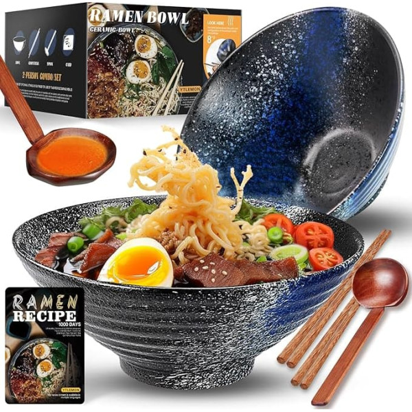 Ramen Ceramic Bowl Set 2 x 1000 ml, 34 oz Japanese Porcelain Tableware with Chopsticks, Spoons and Recipes, Soup Bowls, Mixing Bowls for Pasta, Cereals, Salads, Gifts for New Houses