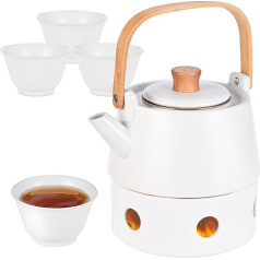 Porcelain Tea Service with Warmer with Strainer, 850 ml Tea Service with 4 Cups for Loose Tea and 1 Tea Cosy, Tea Cup for Afternoon Tea, Home Decoration, Restaurant, Tea Party (White)