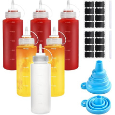 6 Pack Squeeze Bottles 500ml Squeeze Bottles with Screw Lids and Label, 2 Pens, 2 Funnels - Spice Dispenser with Dimensions for Ketchup, Salad, Syrup, Oil, Olive Spices