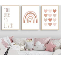 Ueiwffzo Set of 3 Poster Pictures for Children's Room, Pink Rainbow Daisy Pictures, Pink Posters & Art Prints, Canvas Pictures, Girls' Children's Room Decoration, Without Frame (B, 50 x 70 cm)