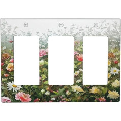 Boho Style Light Switch Cover Plate Colorful Wildflowers Green Leaves Plant 3 Gang Wall Plate Triple Rocker Switch Plate GFCI Socket Covers Decorative Socket for