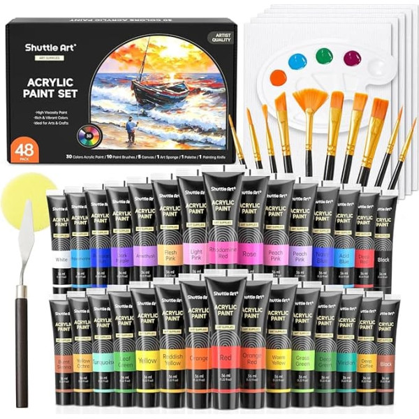 Shuttle Art 48-Piece Acrylic Paint Set, 30 Acrylic Colours in Tubes (36 ml each) with 10 Brush Set, 5 Canvases, 1 Spatula, 1 Palette, 1 Sponge, Artist Quality, Suitable for Glass, Stone, Clay Pots,