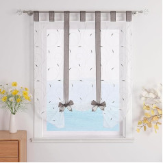 Roman Blind with Tabs, Transparent Tab-Top Kitchen Curtains, Modern Voile with Embroidery, 1 Piece