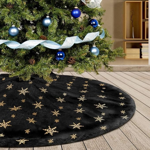 122 cm Christmas Tree Skirts Black Plush Christmas Tree Skirt Mat with Gold Snowflake Christmas Tree Skirt Fur Christmas Tree Stand Decorations Carpet (Black, 122 cm/48 Inches)