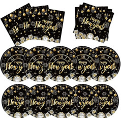 2025 New Year Party Supplies 12060 Pieces Black Gold Party Tableware Set, Including Plates, Napkins for 2025 New Year Birthday Party Decoration, Serve 16 Guests