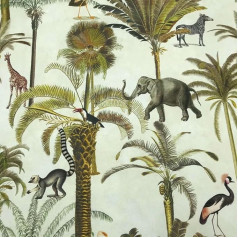 Kt KILOtela - Canvas fabric digitally printed - Half Panama 100% organic cotton, Oeko-Tex Standard 100 - Patchwork 100 cm long x 280 cm wide, savannah animals, palm trees, green, brown - 1 metre