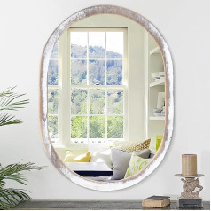 JJUUYOU Large Oval Wooden Mirror, 45 x 65 cm, Wall Framed Bathroom Mirror for Dressing Table, Farmhouse, Rustic White Mirror for Dressing Table, Living Room, Entryway, Bedroom