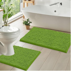LuxUrux Bathroom Rugs Luxury Chenille (2-Piece) Bath Mat Set, Soft Plush Non-Slip Bath Rug + Toilet Mat, 1 Inch Microfibre Shaggy Rug, Super Absorbent, Green, Curved Set