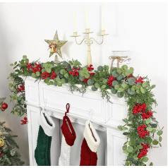 SOMYTING Pack of 2 Berry Garland, Christmas Garland, 190 cm, Green Leaves, Christmas Decoration with Red Berries, Garland, Christmas Fir Garland for Fireplace, Stairs, Christmas Decoration