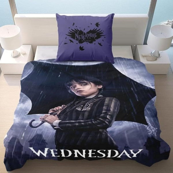 Wednesday Children's Bed Linen Set, 3D Reversible Bed Linen 135 x 200 cm with Pillowcases 80 x 80 cm, Wednesday Children's Duvet Cover with Zip 100% Polyester Microfibre Children's Bedding for Girls