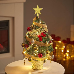 Mini Christmas Tree with LED Lights, 45 cm, Table Christmas Tree with Decorated Gift Boxes, Hanging Ornaments and a Star Tree Topper for Home, Office, Dining Table Decoration, Gold