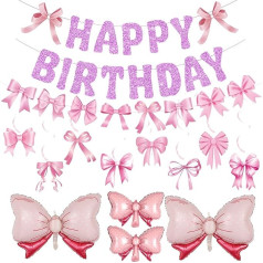 Bow Birthday Party Decoration Banner - Pink Bow Happy Birthday Banner Decor Bow Garland for Children, Hanging Swirl Foil Balloons for Coquette Theme Birthday Party Supplies