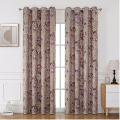 BUHUA Set of 2 Opaque Curtains with Flowers, Vintage Curtain, Rural Curtains, Eyelet Curtain, Elegant Blackout Curtain for Bedroom, Living Room, H 225 x W 132 cm, Purple Pink