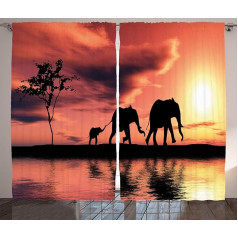 ABAKUHAUS Africa Rustic Curtain, Safari Wild Animals, Living Room Universal Tape Curtains with Loops and Hooks, 280 x 245 cm, Dark Yellow Seal Brown