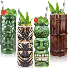 Tiki Glasses for Cocktails, Tiki Mugs, Set of 4, Large Ceramic Tiki Cups, Tropical Hawaiian Party, Cocktail Drinks Cups