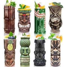 Tiki Mug Cocktail Set of 8 - Ceramic Hawaiian Luau Party Cups Drinkware Cute Exotic Cocktail Glasses Tiki Bar Professional Hawaiian Party Barware