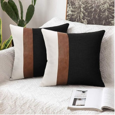 Merrycolor Set of 2 Cushion Covers 50 x 50 cm, Splicing Linen Throw Sofa Cover, Cushion Cover Invisede Zip for Sofa Garden Bed Couch Chair Bedroom (Black White, 50 x 50 cm)