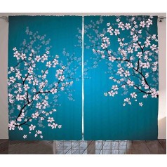 Abakuhaus Japanese Rustic Curtain, Sakura Bloom Pattern, Bedroom Ruffle Tape Curtain with Tabs and Hooks, 280 x 225 cm, Light Pink Blue