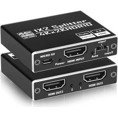 HDMI Splitter 1 in 2 Out 4K @ 60Hz HDCP2.3 HDR 18Gbps UHD Dol-by Atmos EDID Scaler 4K 1080P Aluminium HDMI 2.0 Splitter 1X2 for PS5/4/3, Xbox, Roku, Blu-Ray Player, Firestick, HDTV