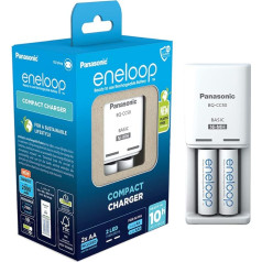 Panasonic eneloop Compact Ladegerät für 1–2 AA/AAA NI-MH-Akkus, mit 2 LED-Anzeigen und 6 Sicherheitsfunktionen, inkl. 2 eneloop AA/Mignon-Akkus, verbesserte Kapazität von min. 2000 mAh, K-KJ50MCD20E