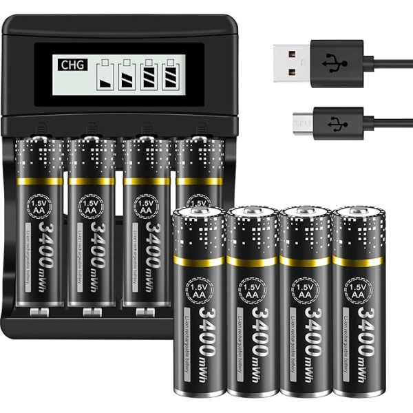 Pack of 8 AA Batteries with Charger - 1.5 V / Lithium 3400 mWh AA Batteries Rechargeable with LCD Display Quick Chargers Battery Charger 4 Slots for Li-ion Mignon AA, Micro AAA Batteries