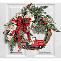 40 cm Door Wreath Christmas, Red Truck Christmas Wreath, Artificial Christmas Decoration, Farmhouse Wall Wreath for Carmine Window Christmas