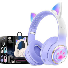 Excellent Wireless Cat Ear Bluetooth Headphones for Children, LED Illuminated and Foldable Stereo Headphones, Supports Microphone/TF Memory Card for Smartphone/iPhone/iPad/Laptop/TV (Purple)