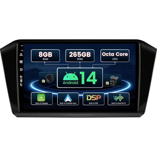 SXAUTO ¦ 8G+256G ¦ Android 13 IPS Car Radio for VW Passat B8 Magotan (2016-2020) - Wireless Carplay & Android Car - LED Camera + Mic - DAB Fast-Boot Steering Wheel 360-CAM DSP WiFi -2 DIN 10.1 Inch