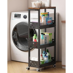 UMDONX Metal Narrow Rolling Cart 4 Levels, Kitchen Trolley with Wooden Table Top, Metal Handle, Recess Shelf on Wheels for Small Spaces, Kitchen, Living Room, Study, Bathroom (Black)