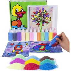 Berry President 12 Packs Sand Painting Cards Art Kids Colouring DIY Paper Craft Kit with 12 Bottles of Coloured Sand for Children (Green)