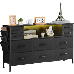 VEVOR Chest of Drawers (Fabric) with 10 Drawers Storage Cabinet Drawers with Open Storage Shelf & LED Lights & Integrated Socket, Storage Tower for Bedroom, Hallway, Cabinet, Black