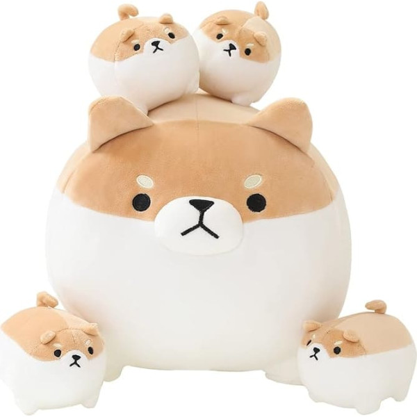 SQEQE Stuffed Animal Shiba Inu Plush Toy with 4 Baby Shiba Inu Plushies in Her Tummy, Stuffed Cotton Plush Animal Toy Gift for Kids