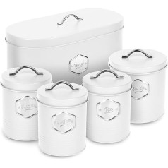 White Kitchen Canisters Set, Stylish 5 Piece Kitchen Canister Set for Bread, Cookies, Sugar, Coffee, Tea, Storage Set, Airtight, Labeled Containers, White Kitchen Accessories (5 Pack)