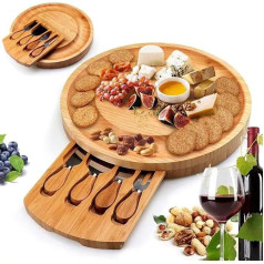 Round Bamboo Chopping Board with Four Knives Set in Magnetic Closed Drawers