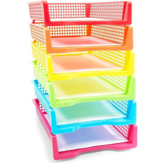 Set of 6 Rainbow Trays for Teachers, Plastic Classroom Paper Organisers, Colourful Storage Baskets for Office (10 x 3 x 13 inches)
