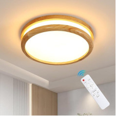 Pheashine LED Ceiling Light Wood Dimmable, Wooden Ceiling Light with Remote Control, 3000 K - 6500 K 24 W Round Ceiling Light LED for Living Room, Bedroom, Office